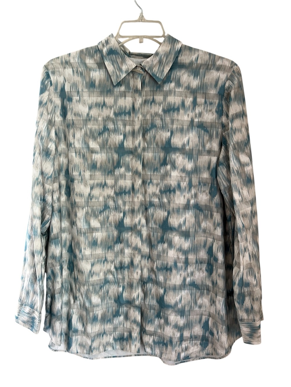 Lafayette 148 Button Up Shirt Women’s XL Long Sleeve Cotton Cream Blue Abstract